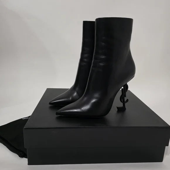 Saint Laurent Opyum Black Calfskin Ankle Boots Gold Heel Women’s Size 40 - Picture 2 of 14